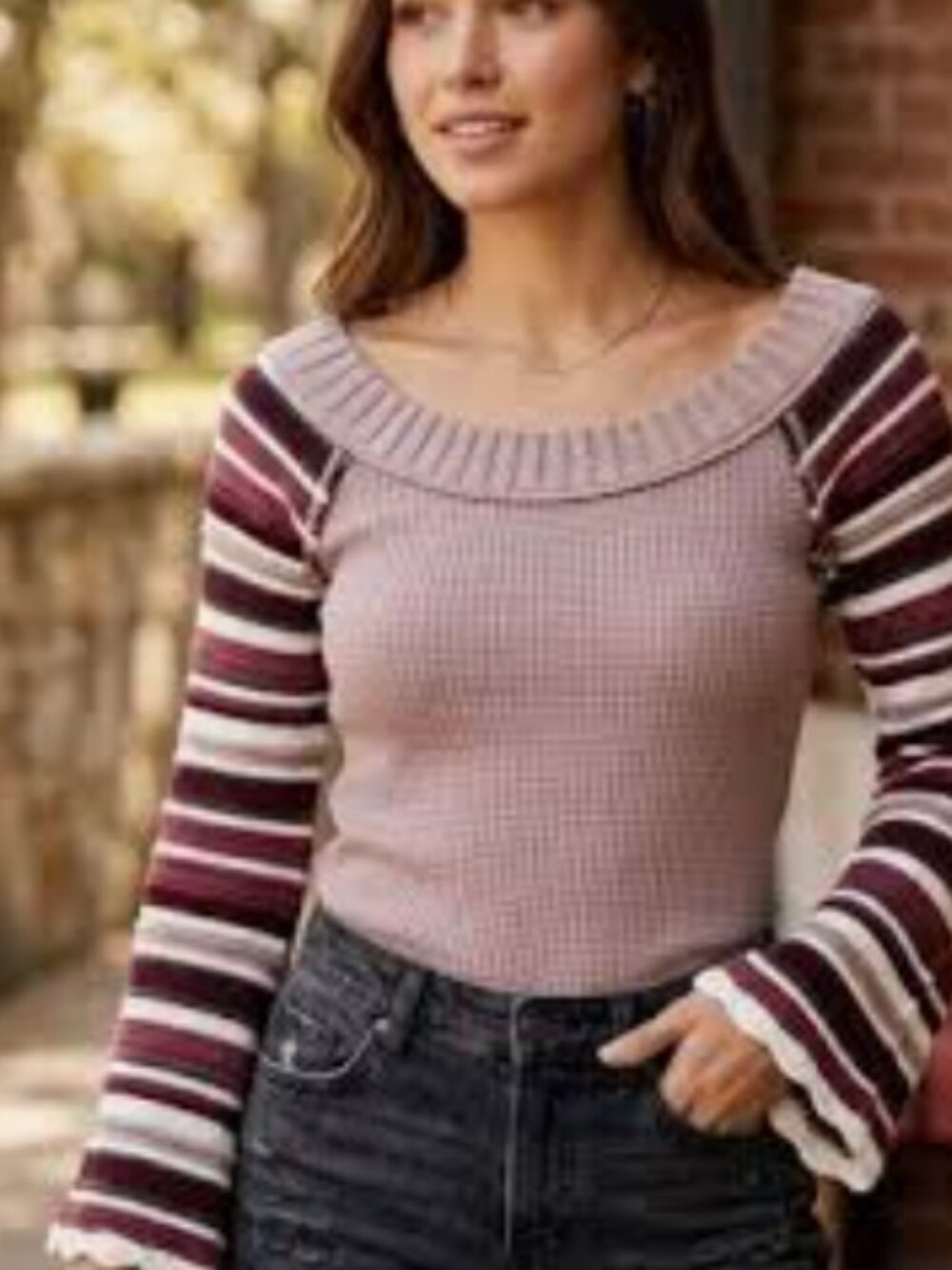 Altar'd State Stripe Knit Bell Sleeve Sweater Pink Large